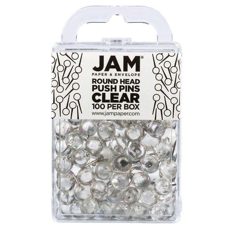 JAM PAPER Colorful Push Pins - Round Head Map Thumb Tacks - Clear Pushpins - 100/Pack - Image 1